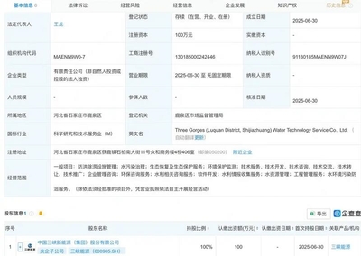 三峽能源投資100萬元成立水務技術公司，聚焦軟件開發與技術轉讓